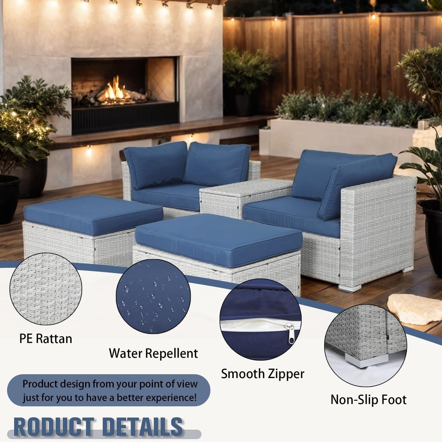 EortheX 5 Piece Outdoor Wicker Furniture Set Patio Seating Sofa Sets with All-Weather Cushions Coffee Table & Ottomans for Deck Porch Terrace Rattan Chairs Easy Assembly Comfortable Lounge Set - Grey
