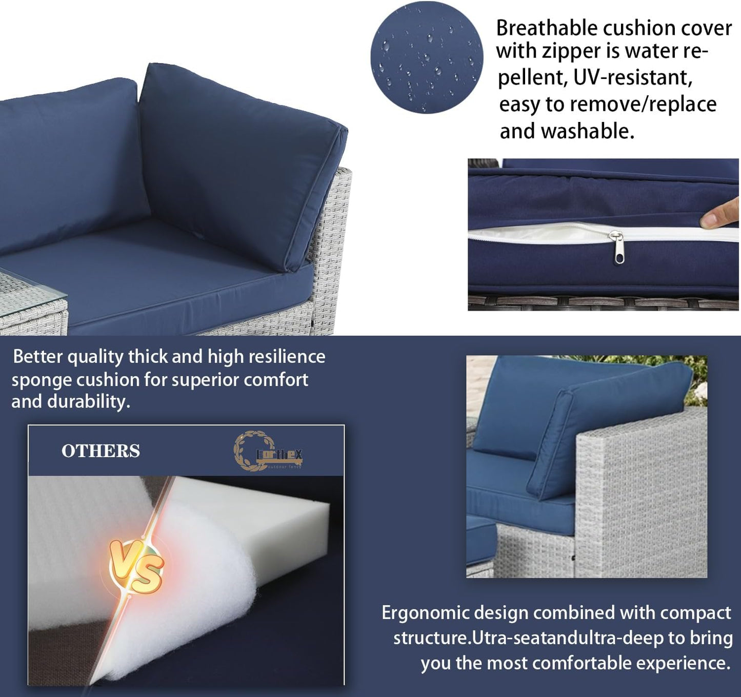 5 Piece Outdoor Wicker Furniture Set Patio Seating Sofa Set with All-Weather Cushions Coffee Table & Ottomans for Deck Porch Terrace Rattan Chairs Easy Assembly Comfortable Lounge Set - Grey