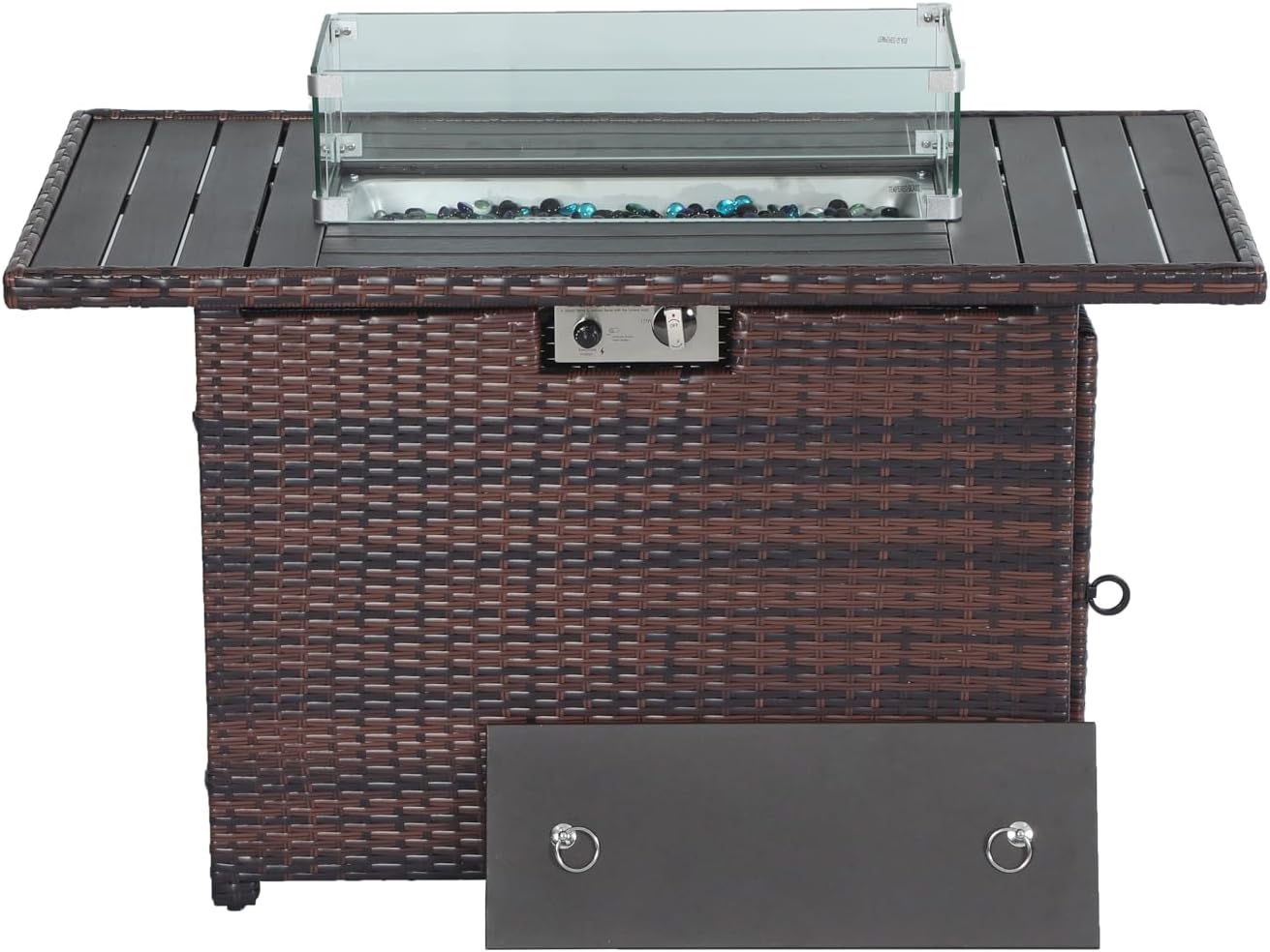 44 Inch Propane Fire Pit, Steel Gas Fire Feature Table with Iron Lid,Glass Rock, Rain Cover and Tempered Glass Wind Guard for Outside Garden Backyard Deck Patio