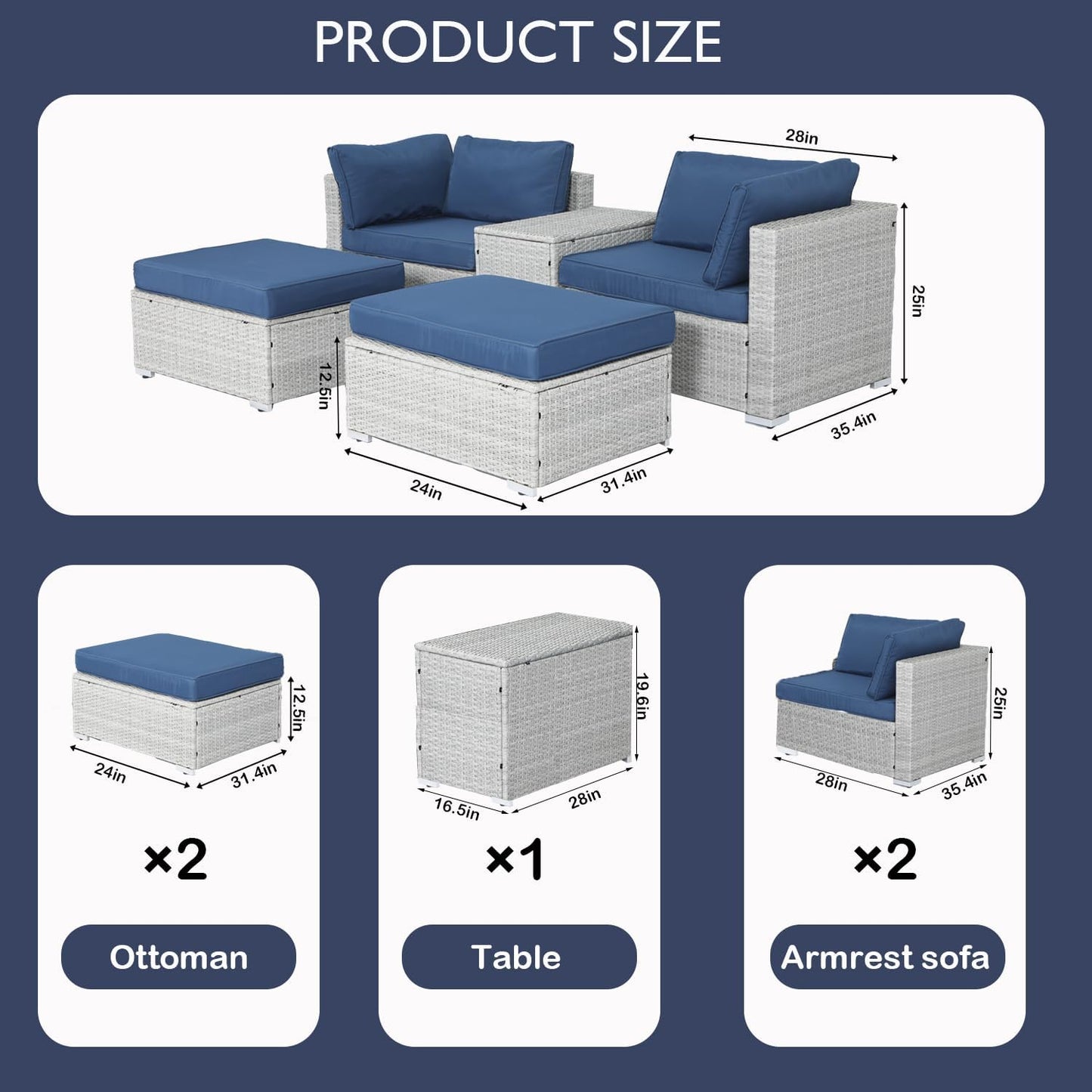 EortheX 5 Piece Outdoor Wicker Furniture Set Patio Seating Sofa Sets with All-Weather Cushions Coffee Table & Ottomans for Deck Porch Terrace Rattan Chairs Easy Assembly Comfortable Lounge Set - Grey