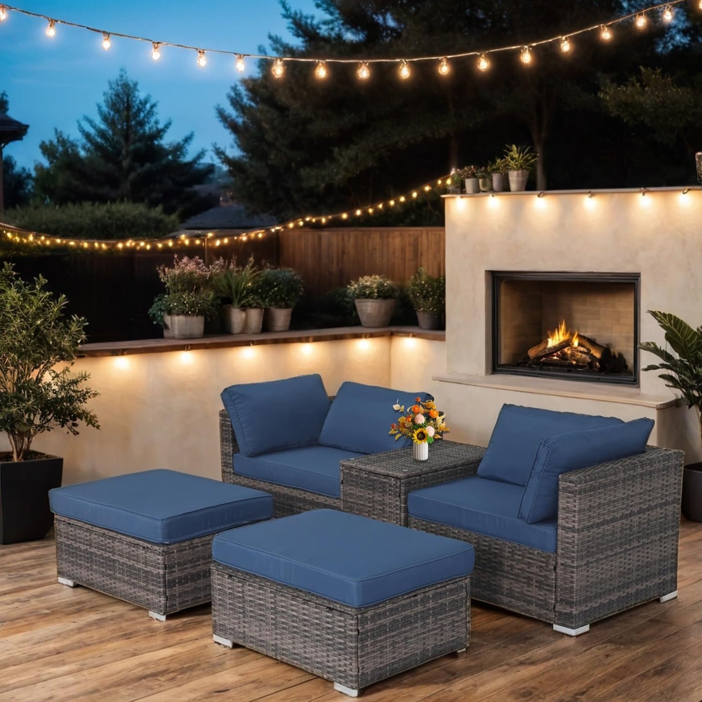 EortheX 5 Piece Outdoor Wicker Furniture Set Patio Seating Sofa Sets with All-Weather Cushions Coffee Table & Ottomans for Deck Porch Terrace Rattan Chairs Easy Assembly Comfortable Lounge Set - Grey