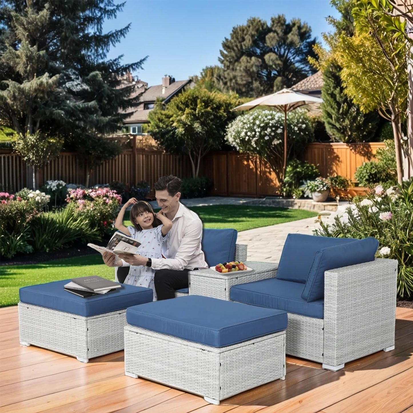 EortheX 5 Piece Outdoor Wicker Furniture Set Patio Seating Sofa Sets with All-Weather Cushions Coffee Table & Ottomans for Deck Porch Terrace Rattan Chairs Easy Assembly Comfortable Lounge Set - Grey