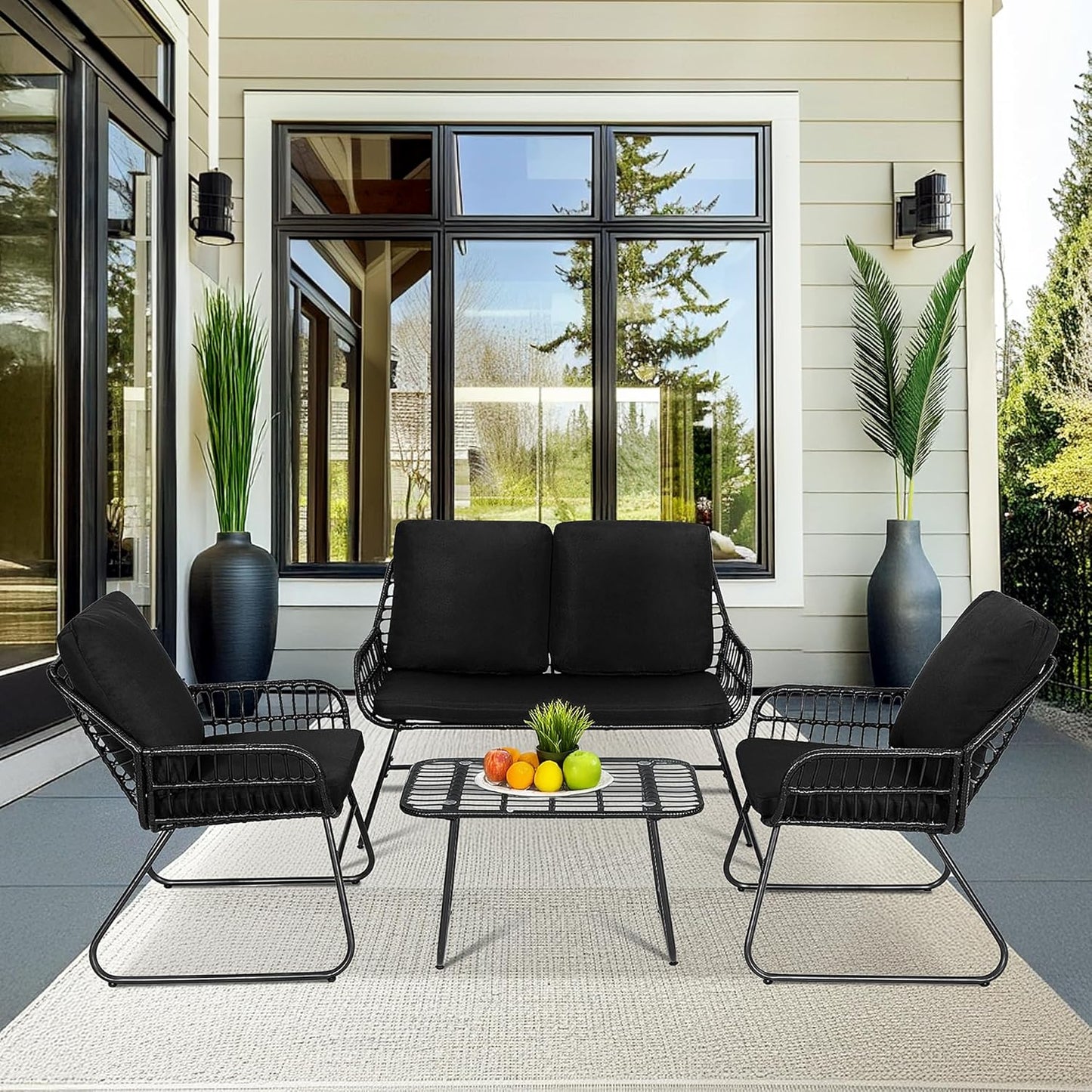 EortheX 4 Pieces Outdoor Furniture Set,Wicker Bistro Set, All-Weather Rattan Patio Furniture Conversation Sets with Loveseat Chairs Table for Backyard, Deck, Balcony, and Garden Lounge Spaces - Beige