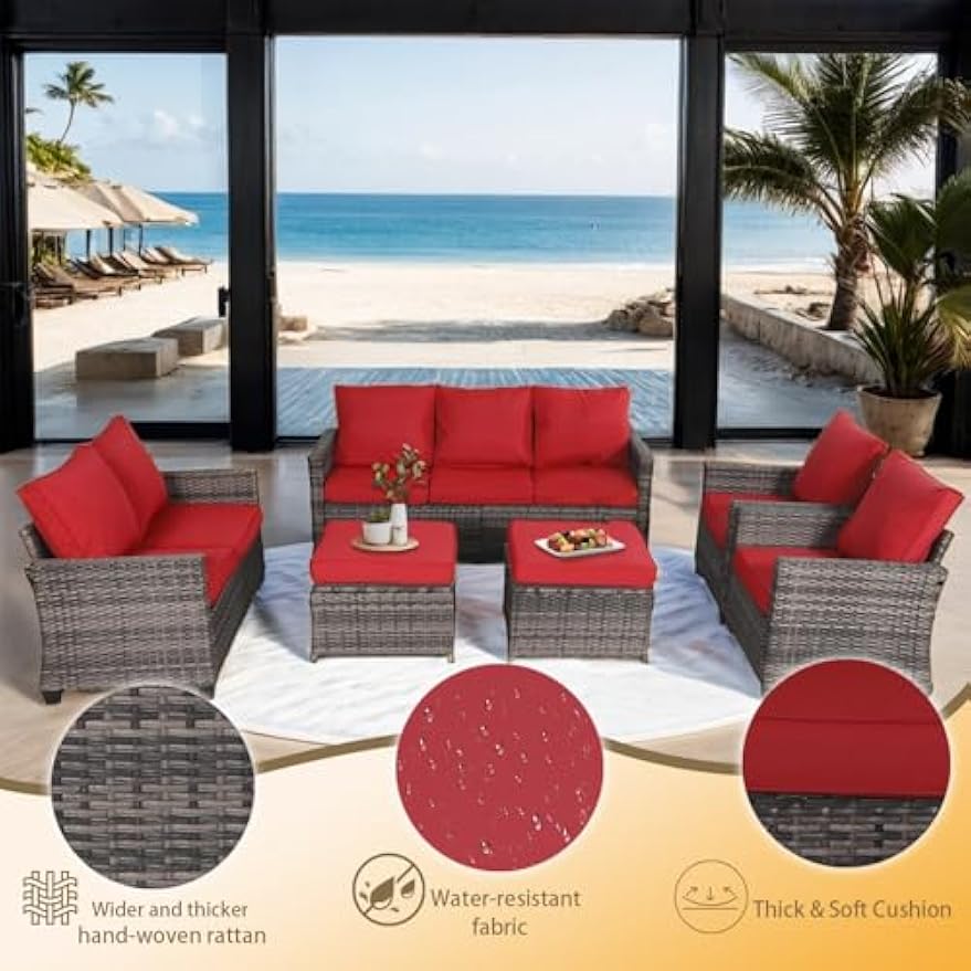 Eorthex 6-Piece Patio Furniture Set, Outdoor Wicker Sofa Set with Cushions, Garden Sectional Sofa, All-Weather Rattan Lounge, Backyard, Deck, Poolside Seating, Easy Assembly