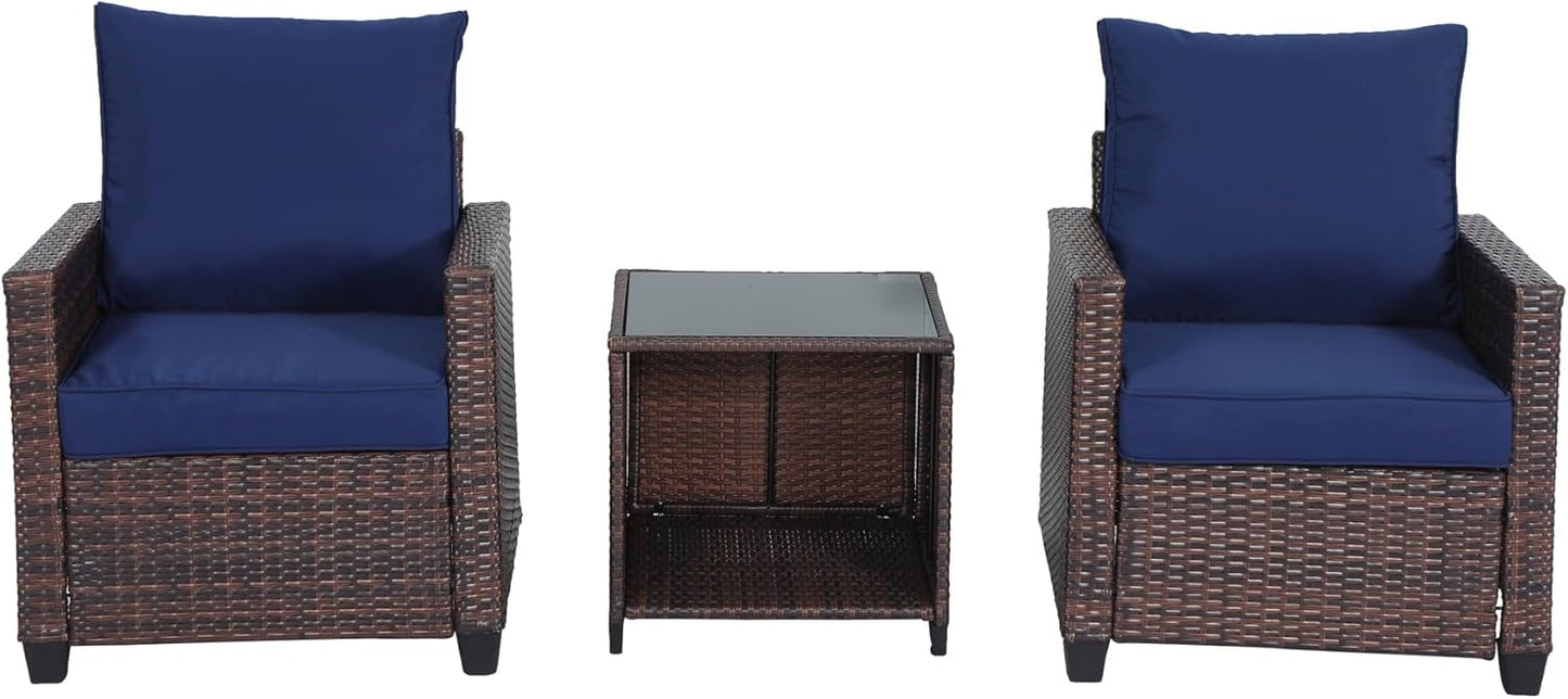 Outdoor Porch Furniture Set 3-Piece Patio Wicker Conversation Set with 2 Single Chairs and Tempered Glass Coffee Table Ideal for Garden Balcony Deck Backyard Porch Poolside - Dark Blue