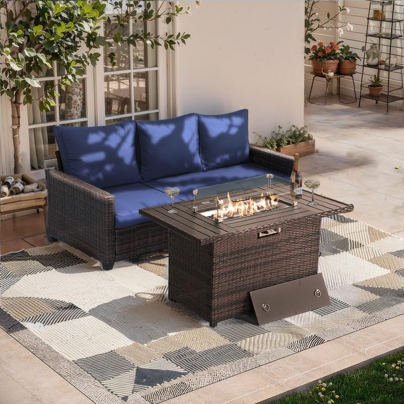 Patio Furniture Set,4 Pieces Outdoor Patio Couch Furniture with 44" Fire Pit Table 3-Seat Patio Wicker Sofa & Ottoman Seat,for Backyard Garden Deck Lounge Stylish Outdoor Seating