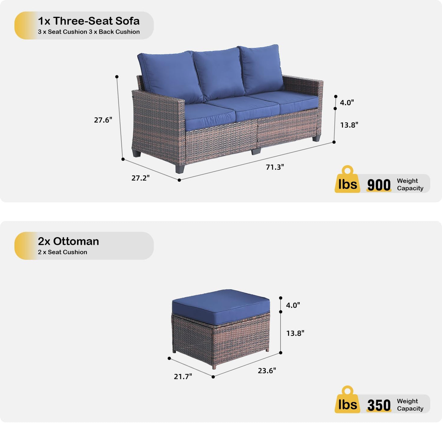 EortheX Outdoor 3-Piece Patio Set, Wicker Sofa with Ottomans, All-Weather Rattan Furniture, Comfortable Seating for Backyard, Garden, Porch, Balcony, Perfect for Relaxing Lounges