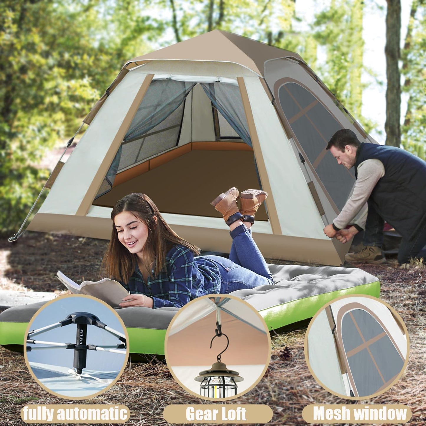 4 Person Camping Tent Instant Cabin Tent Four-Sided Floor-to-Ceiling Windows Easy Hiking with Portable Windproof & Waterproof Family Portable Outdoor Traveling