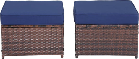 2 Pieces Outdoor Patio Ottoman,All Weather Rattan Wicker Ottoman Seat,Patio Rattan Furniture,Outdoor Footstool Footrest Seat w/Thick Removable Cushions