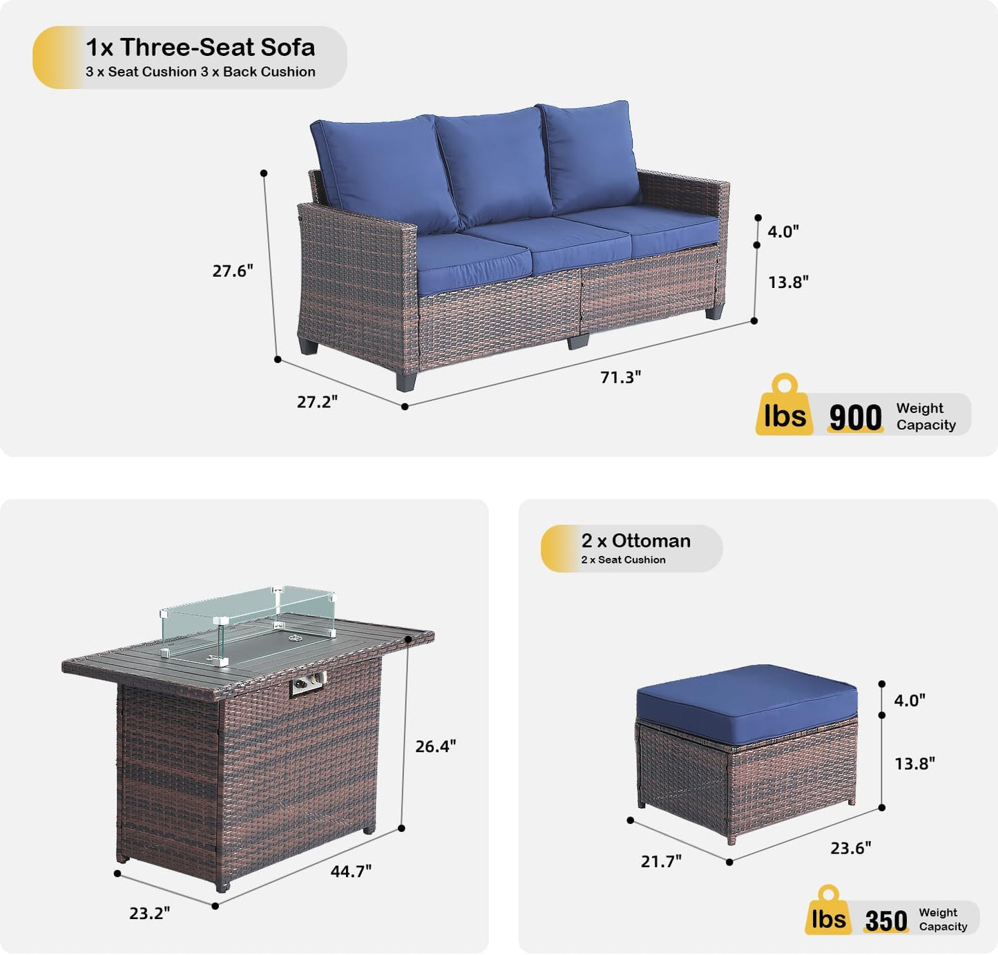 Patio Furniture Set,4 Pieces Outdoor Patio Couch Furniture with 44" Fire Pit Table 3-Seat Patio Wicker Sofa & Ottoman Seat,for Backyard Garden Deck Lounge Stylish Outdoor Seating