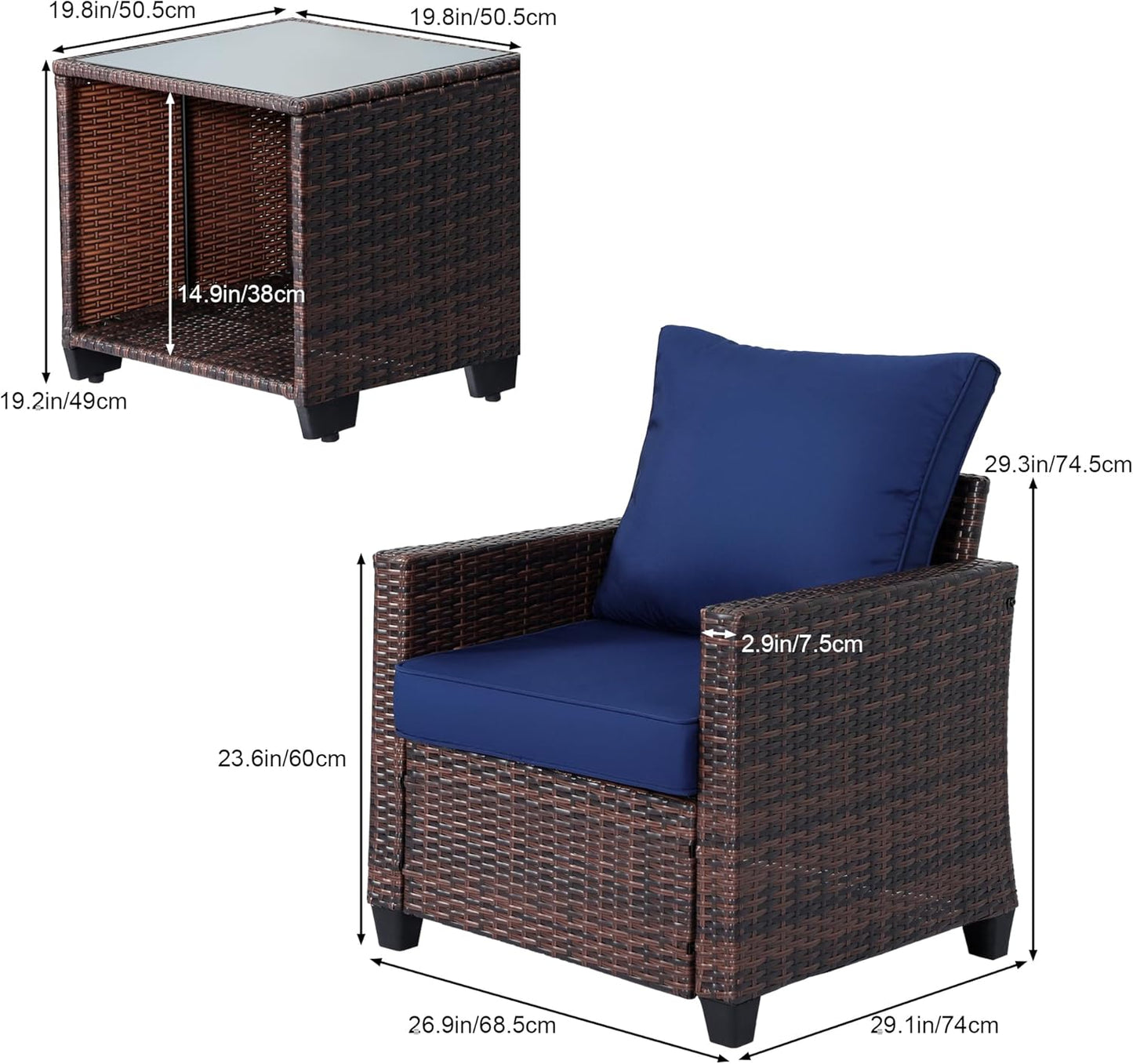 EortheX Outdoor Porch Furniture Set 3-Piece Patio Wicker Conversation Set with 2 Single Chairs and Tempered Glass Coffee Table Ideal for Garden Balcony Deck Backyard Porch Poolside - Dark Blue