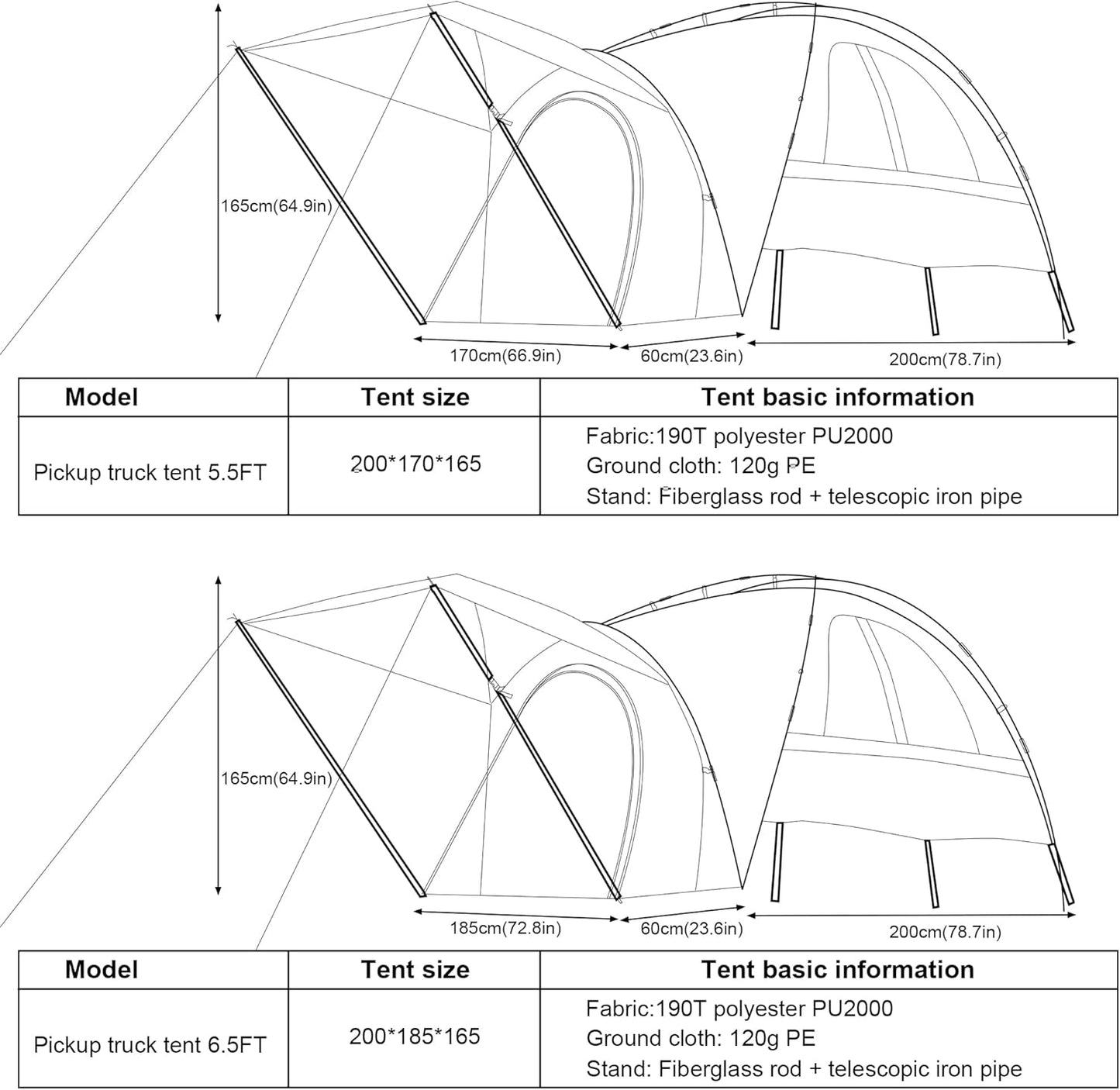 Truck Bed Tent for Camping Pickup SUV Car 5.5-6.5FT Bag Waterproof 190T Polyester PU2000mm Outdoor Rainfly Portable Double Layer