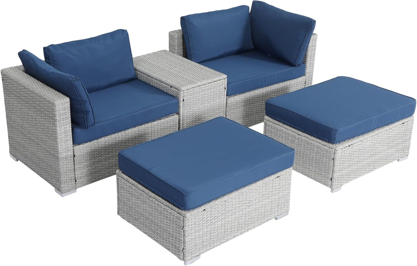 5 Piece Outdoor Wicker Furniture Set Patio Seating Sofa Set with All-Weather Cushions Coffee Table & Ottomans for Deck Porch Terrace Rattan Chairs Easy Assembly Comfortable Lounge Set - Grey