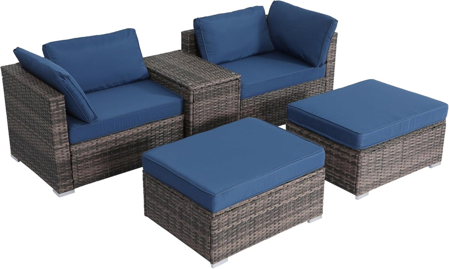 5 Piece Outdoor Wicker Furniture Set Patio Seating Sofa Set with All-Weather Cushions Coffee Table & Ottomans for Deck Porch Terrace Rattan Chairs Easy Assembly Comfortable Lounge Set - Grey