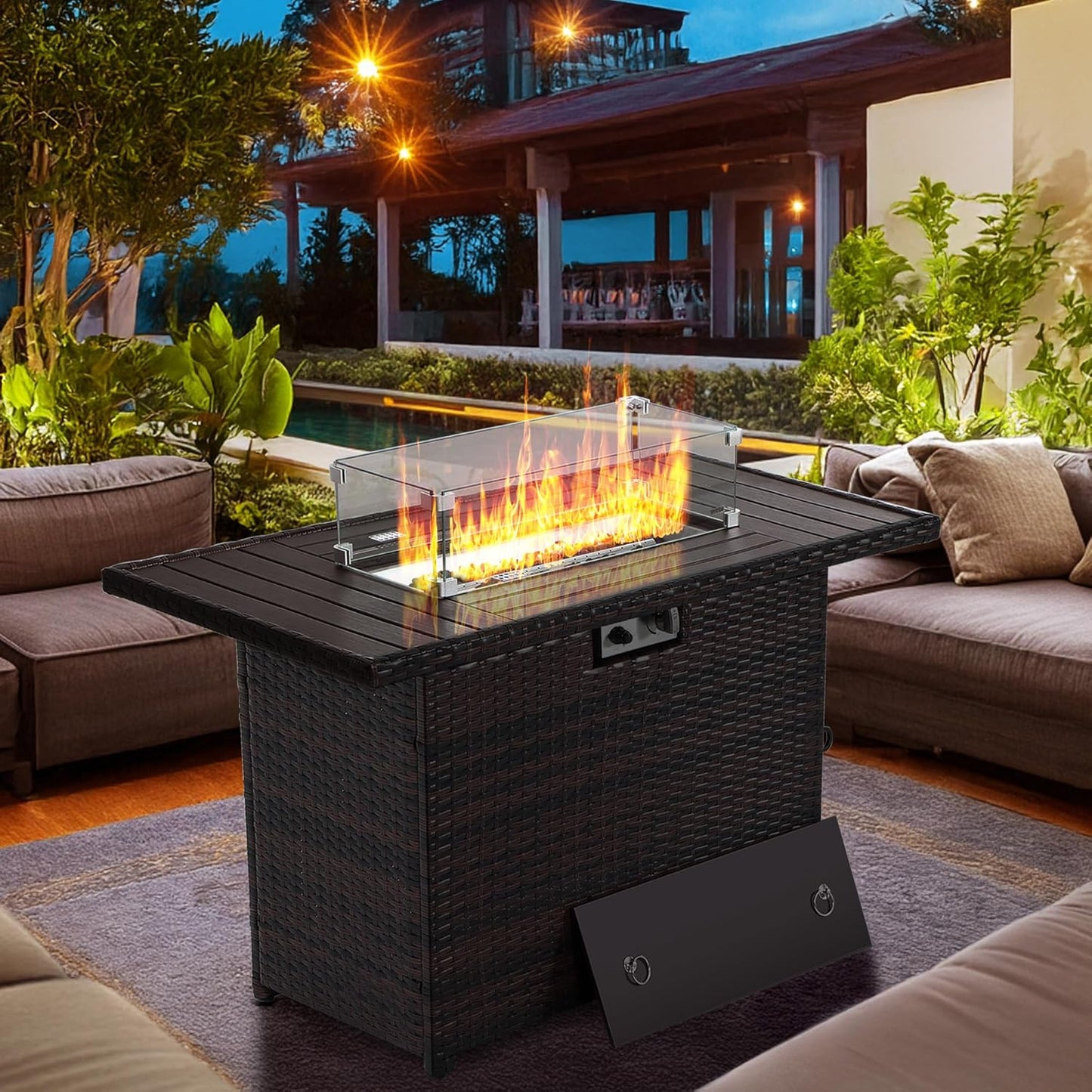 EortheX 44 Inch Propane Fire Pit, Steel Gas Fire Feature Table with Iron Lid,Glass Rock, Rain Cover and Tempered Glass Wind Guard for Outside Garden Backyard Deck Patio