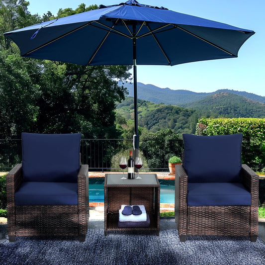 EortheX Outdoor Porch Furniture Set 3-Piece Patio Wicker Conversation Set with 2 Single Chairs and Tempered Glass Coffee Table Ideal for Garden Balcony Deck Backyard Porch Poolside - Dark Blue